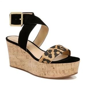 Veronica Beard Black and Tan Wedge Sandals with Cork Heel